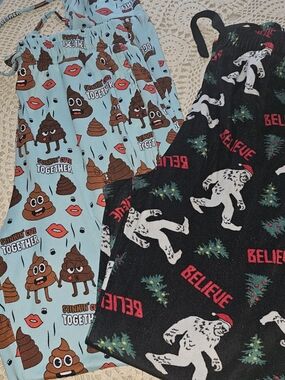 Women’s Novelty Pajama Pants Set - Light Blue Poop Emoji & Black Bigfoot Prints